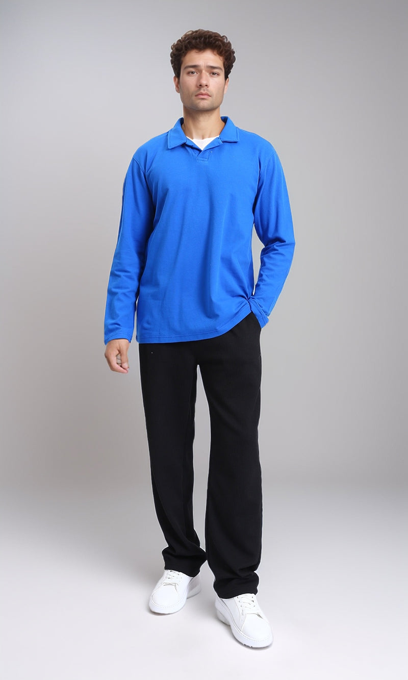 R214569 - Long Sleeves Solid Cotton Polo Shirt - Blue