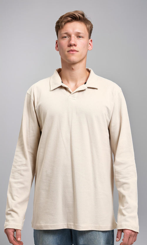 R214570 - Solid Long Sleeves Basic Polo Shirt - Beige