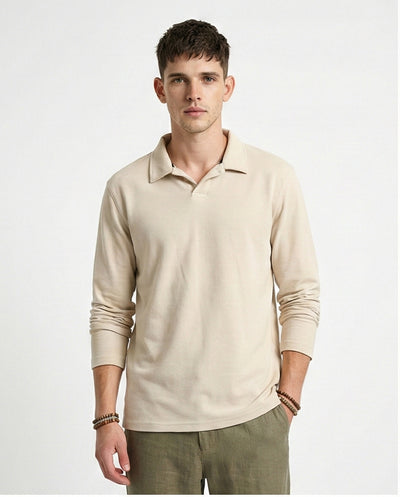 Solid Long Sleeves Basic Polo Shirt - Beige