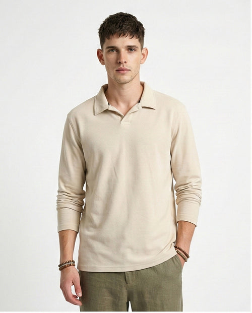 Solid Long Sleeves Basic Polo Shirt - Beige