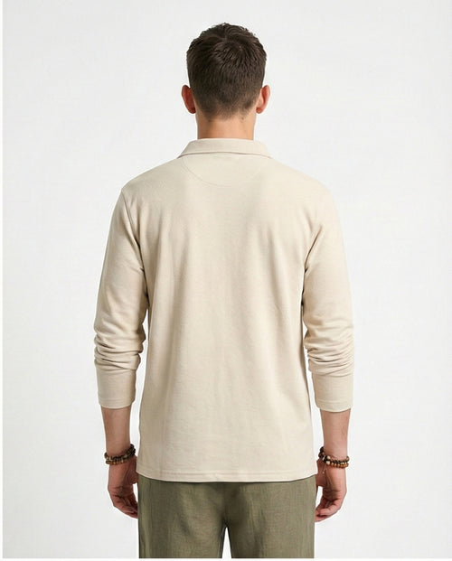 R214570 - Solid Long Sleeves Basic Polo Shirt - Beige