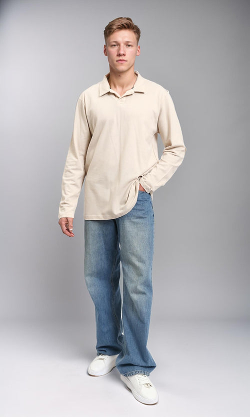 R214570 - Solid Long Sleeves Basic Polo Shirt - Beige
