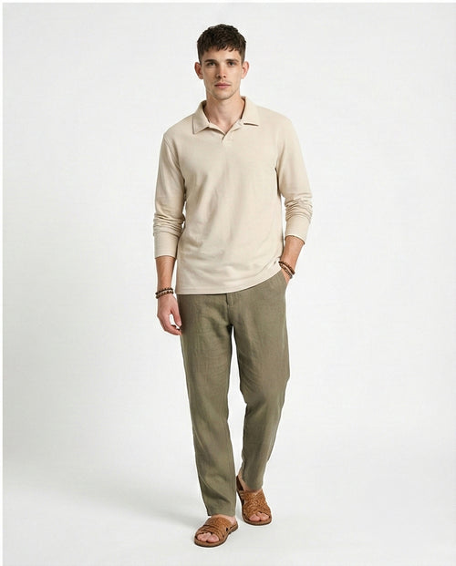 R214570 - Solid Long Sleeves Basic Polo Shirt - Beige