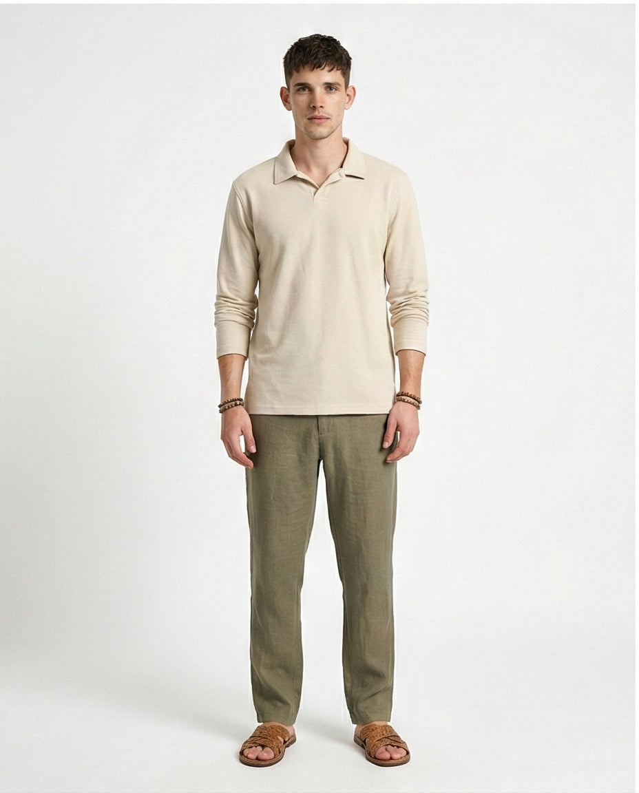 R214570 - Solid Long Sleeves Basic Polo Shirt - Beige