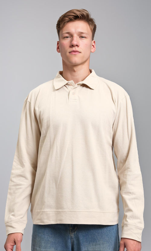 R214571 - Buttoned Classic Collar Basic Polo Shirt - Beige