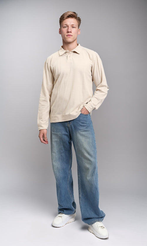 R214571 - Buttoned Classic Collar Basic Polo Shirt - Beige