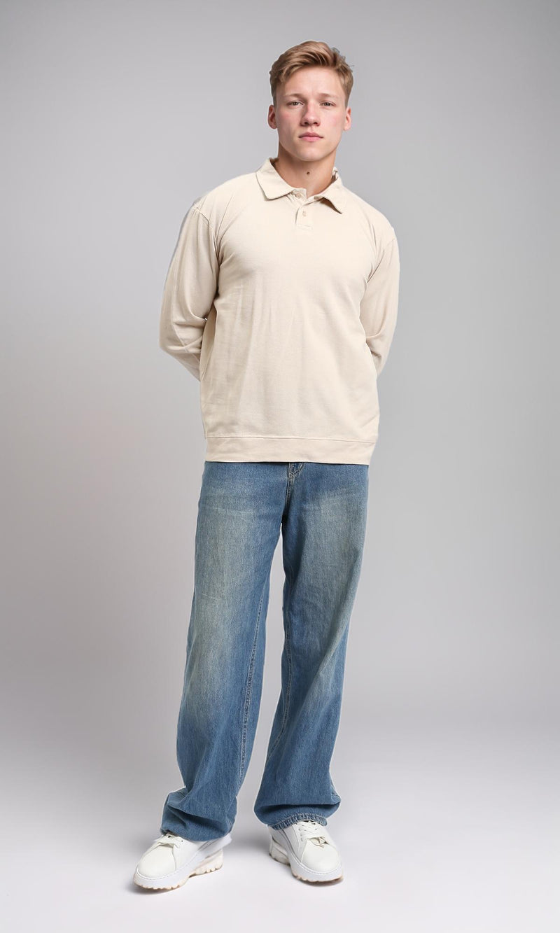 R214571 - Buttoned Classic Collar Basic Polo Shirt - Beige