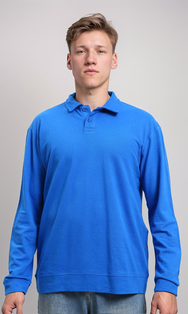 R214572 - Buttoned Classic Collar Basic Polo Shirt - Blue