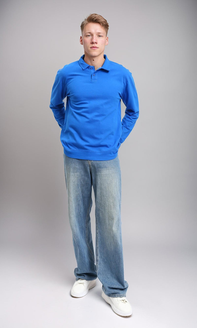 R214572 - Buttoned Classic Collar Basic Polo Shirt - Blue