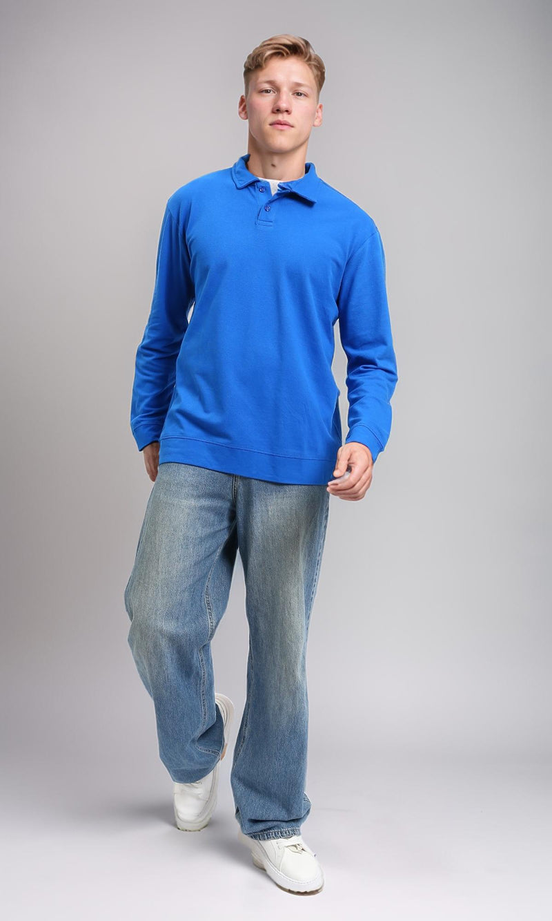 R214572 - Buttoned Classic Collar Basic Polo Shirt - Blue
