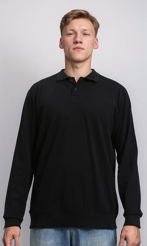 R214573 - Buttoned Classic Collar Basic Polo Shirt - Black
