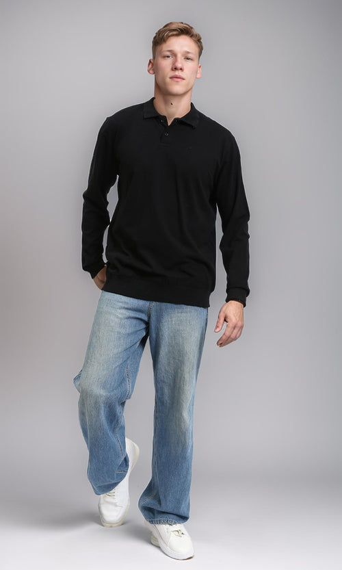 R214573 - Buttoned Classic Collar Basic Polo Shirt - Black