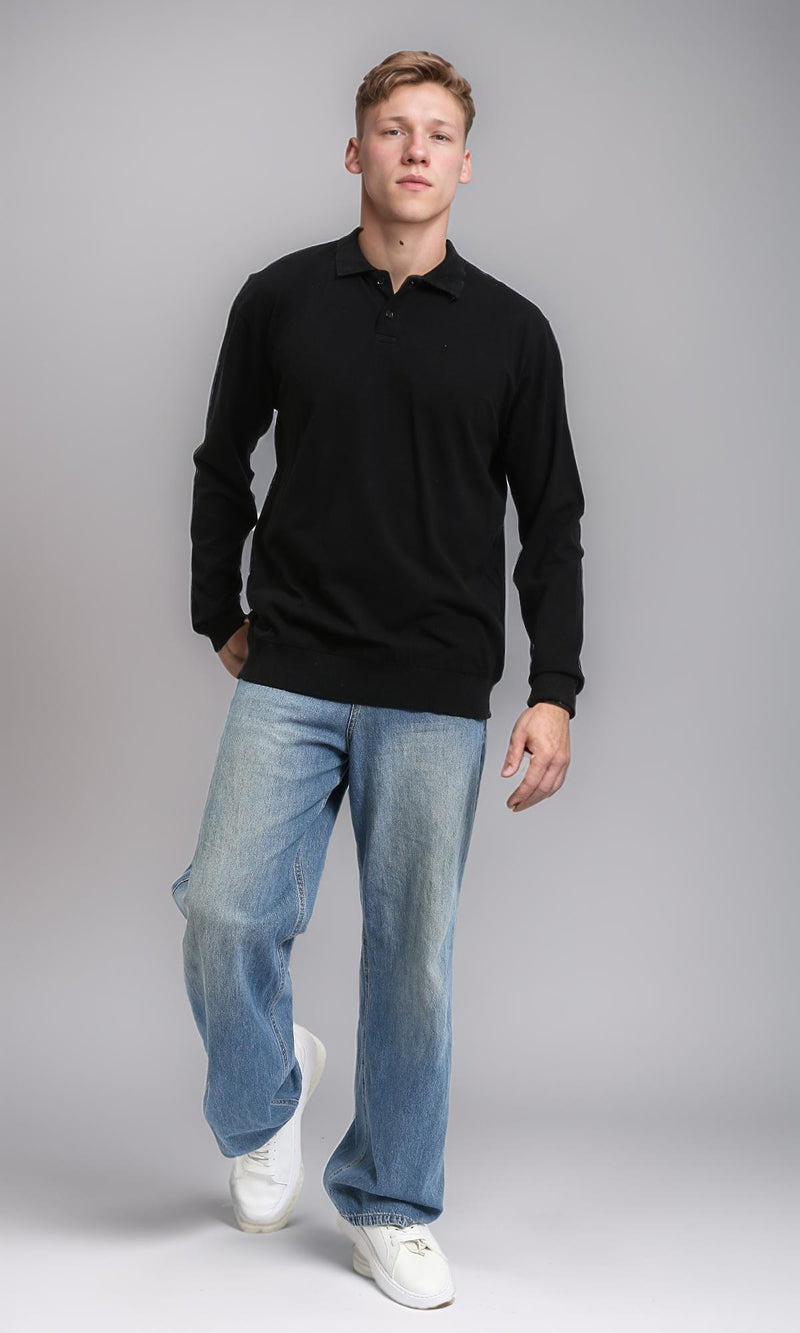 R214573 - Buttoned Classic Collar Basic Polo Shirt - Black