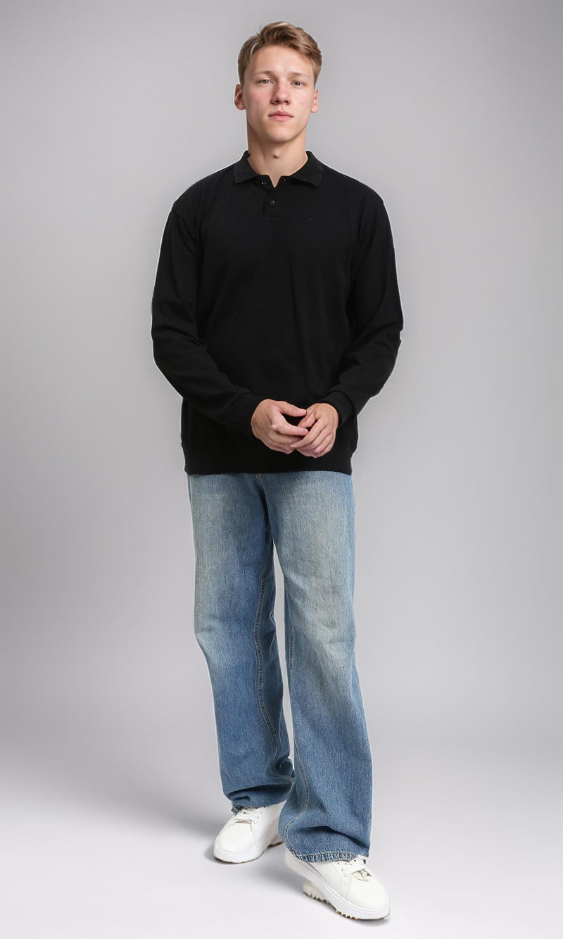 R214573 - Buttoned Classic Collar Basic Polo Shirt - Black