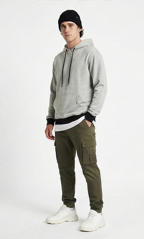Textured Heather Grey Contrast Hem Hoodie