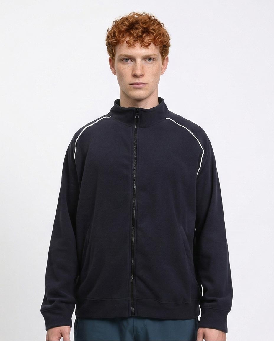 Men's Navy Fleece Track Jacket with Contrast Raglan Piping