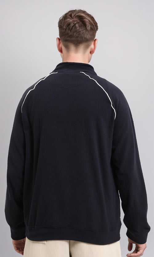 R214591 - Zipped Sweatshirt Piping On Shoulders - Dark Navy Blue