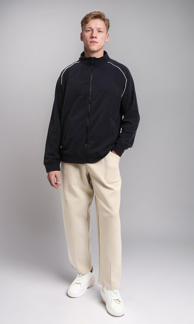 R214591 - Zipped Sweatshirt Piping On Shoulders - Dark Navy Blue