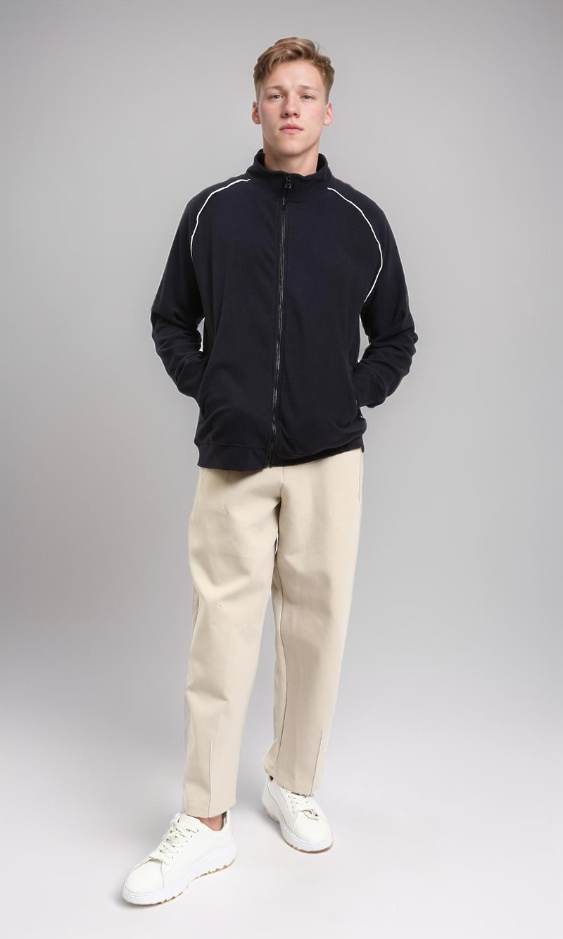 R214591 - Zipped Sweatshirt Piping On Shoulders - Dark Navy Blue