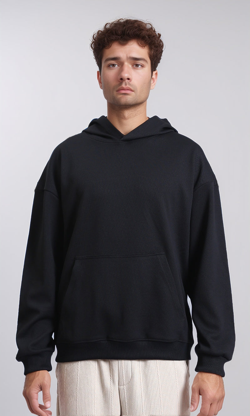 R214593 - Kangaroo Pocket Solid Cotton Hoodie - Black