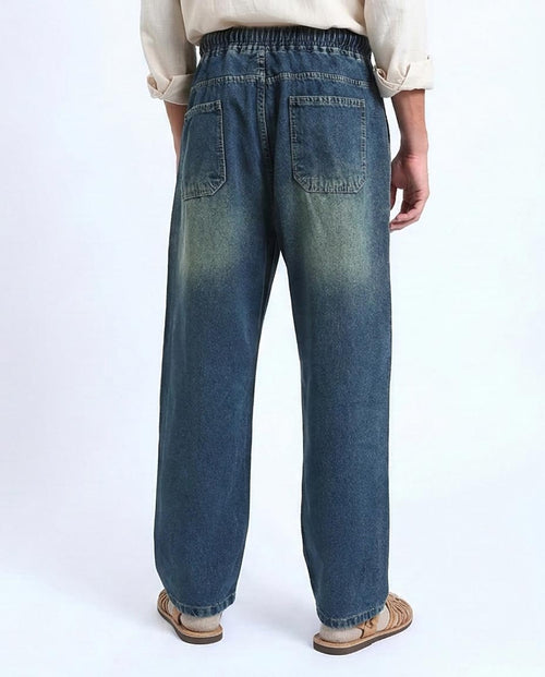 Ravin Wide-Leg Dirty Wash Denim Joggers - Vintage Blue- R214601