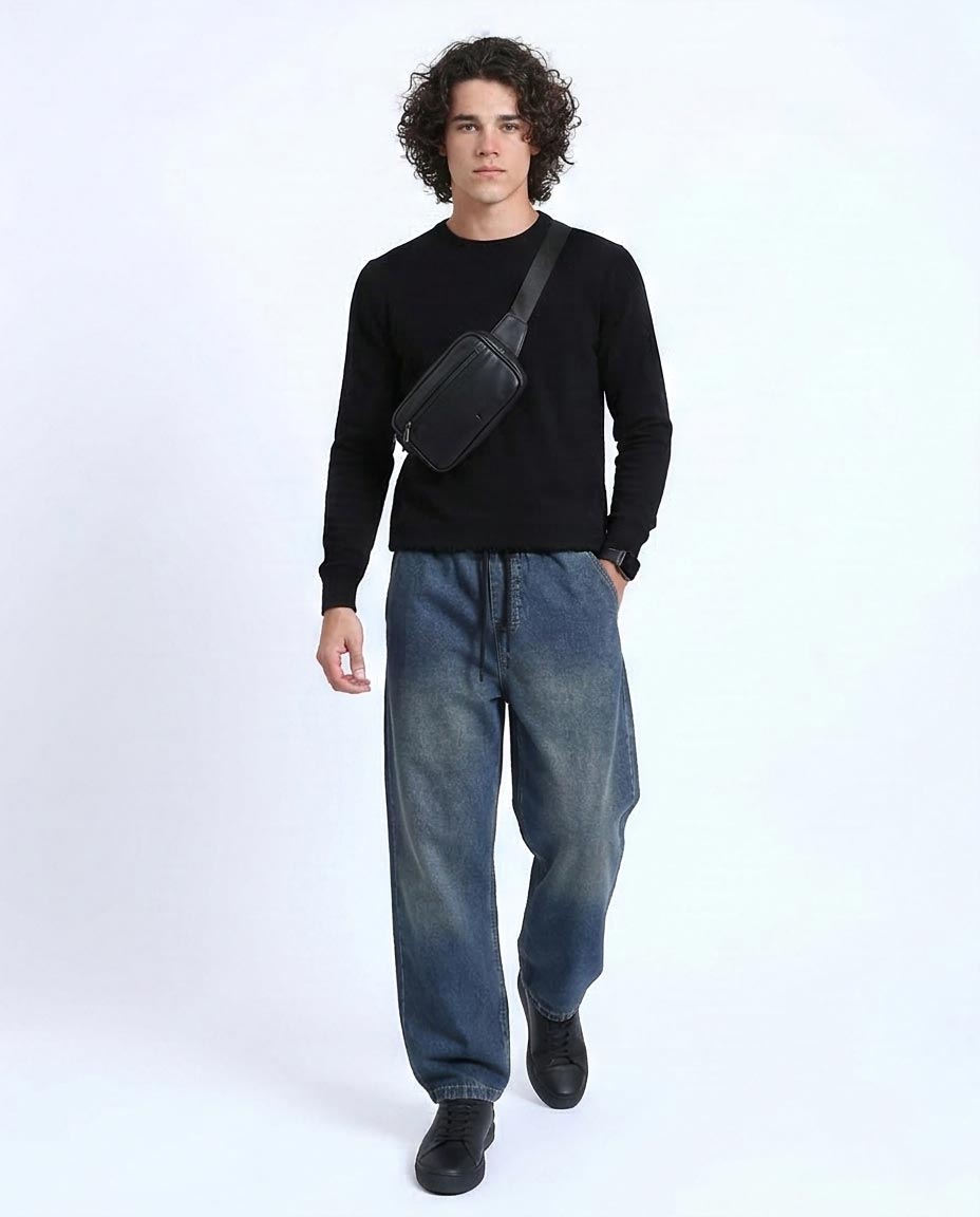 Ravin Men's Wide-Leg Vintage Wash Denim Joggers: Elevated Streetwear Style - Denim Blue - R214603