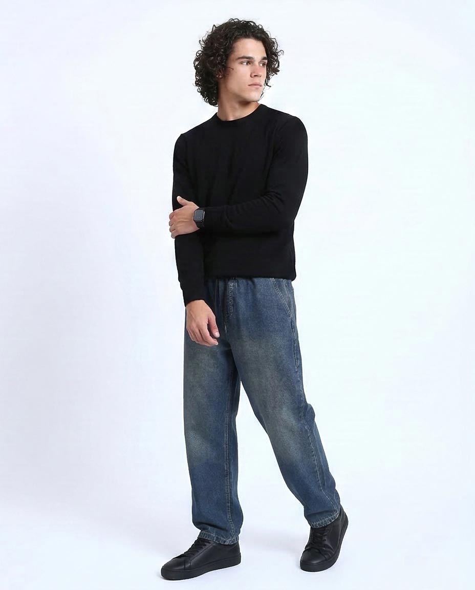 Ravin Men's Wide-Leg Vintage Wash Denim Joggers: Elevated Streetwear Style - Denim Blue - R214603