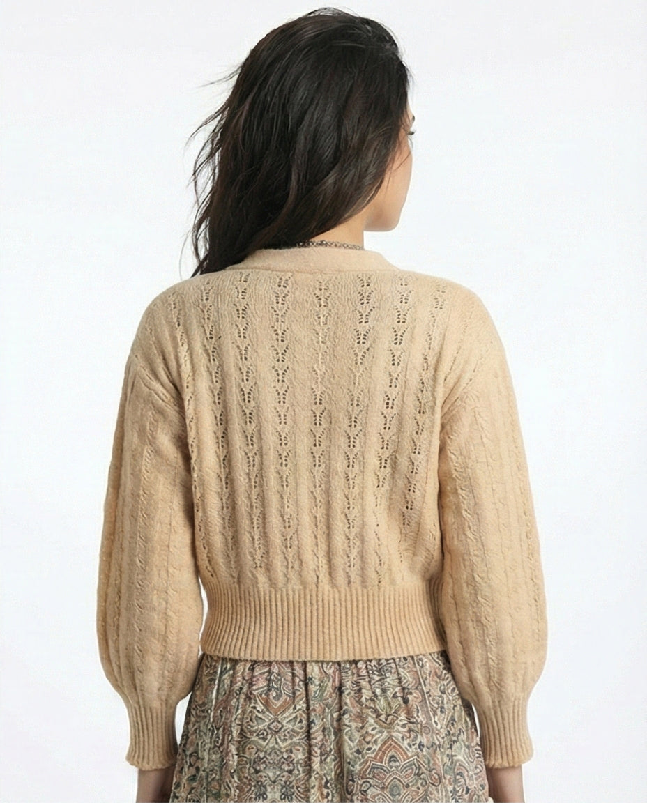 Beige Textured Button-Down Knit Cardigan