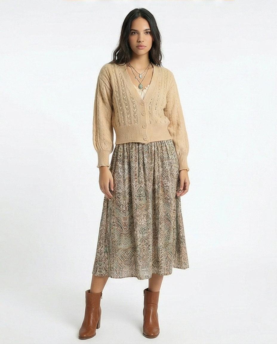 Beige Textured Button-Down Knit Cardigan