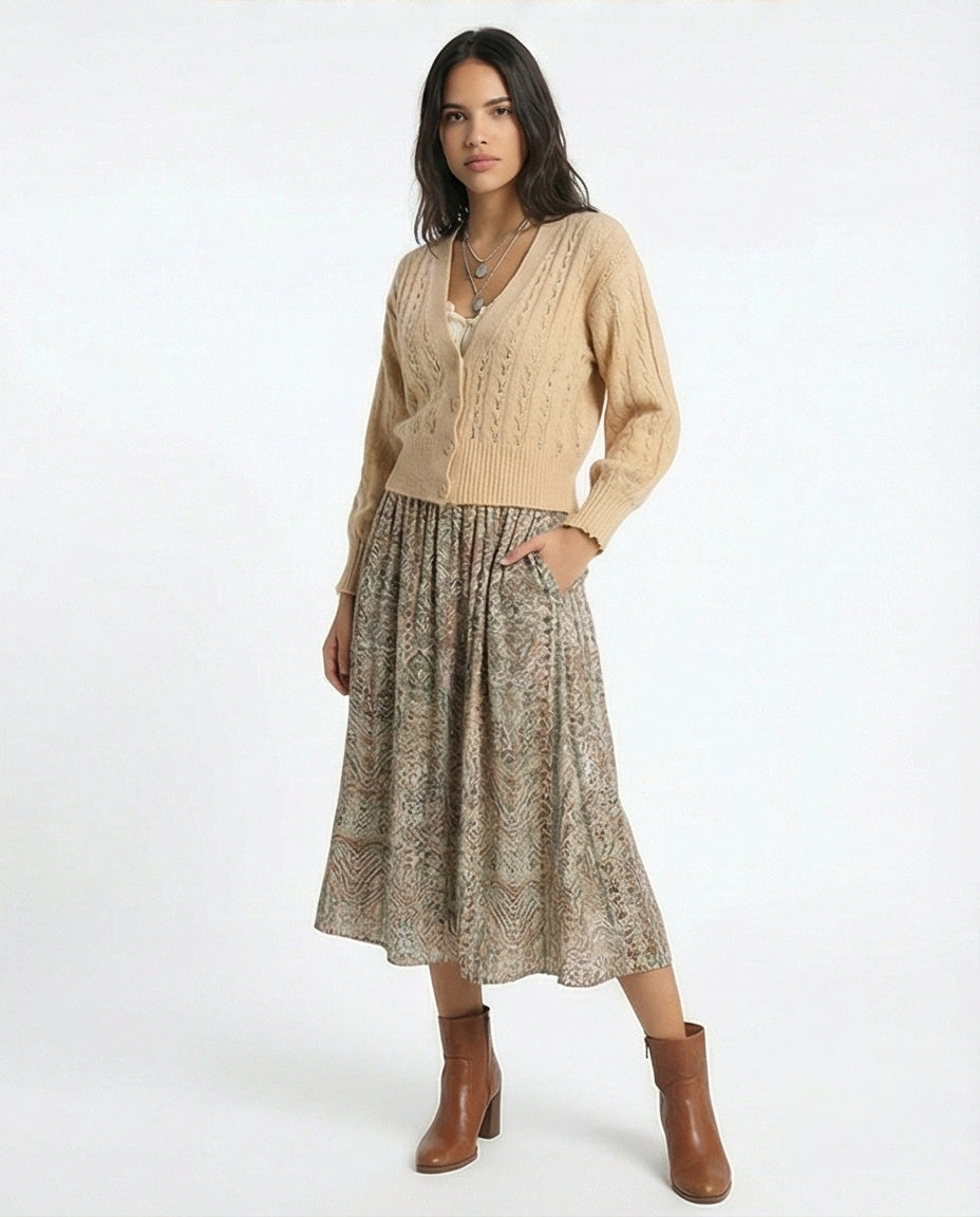 Beige Textured Button-Down Knit Cardigan