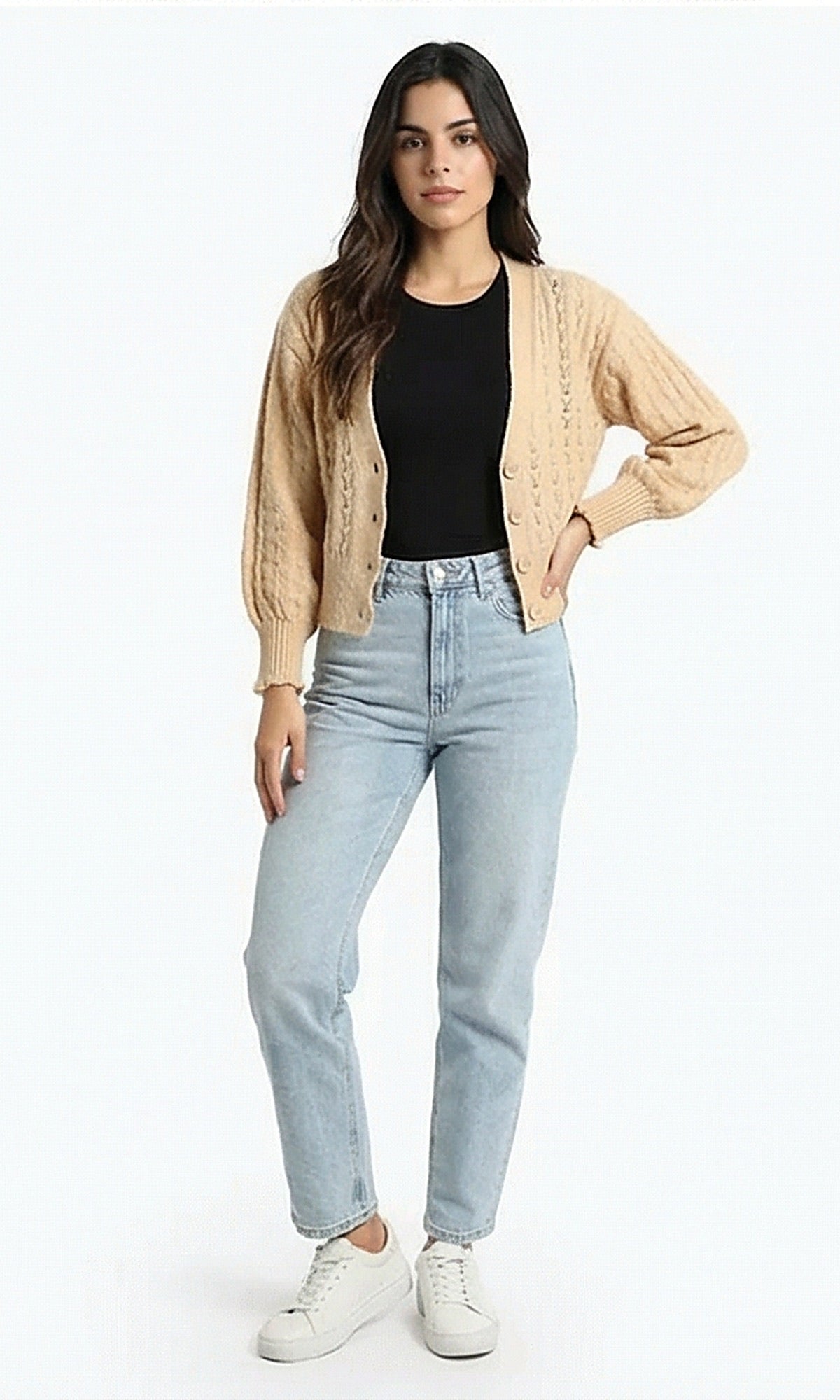 Beige Textured Button-Down Knit Cardigan
