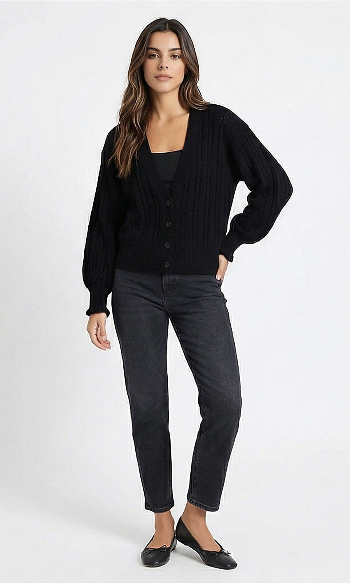 Ravin Black Ribbed Button-Down Cardigan
