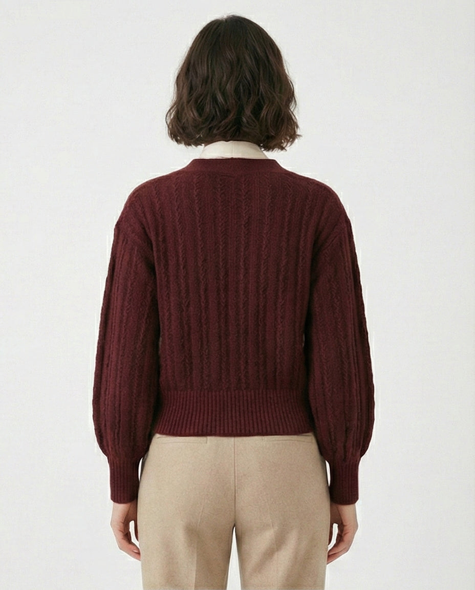 Burgundy Cable Knit Button-Down Cardigan