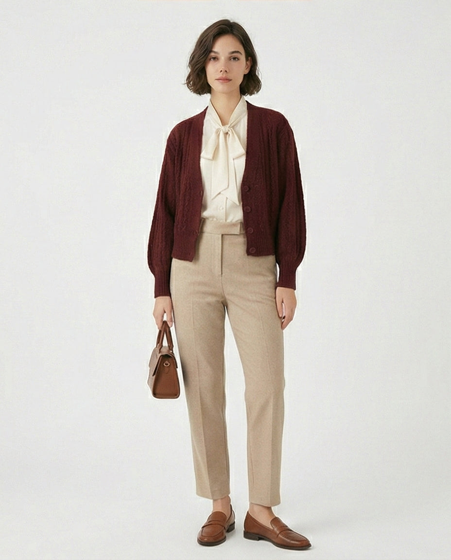 Burgundy Cable Knit Button-Down Cardigan