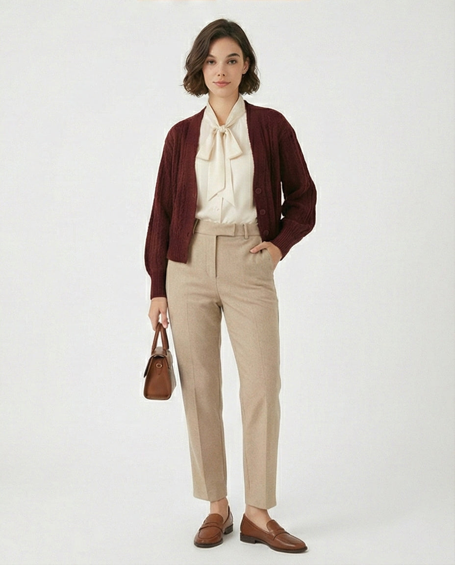 Burgundy Cable Knit Button-Down Cardigan