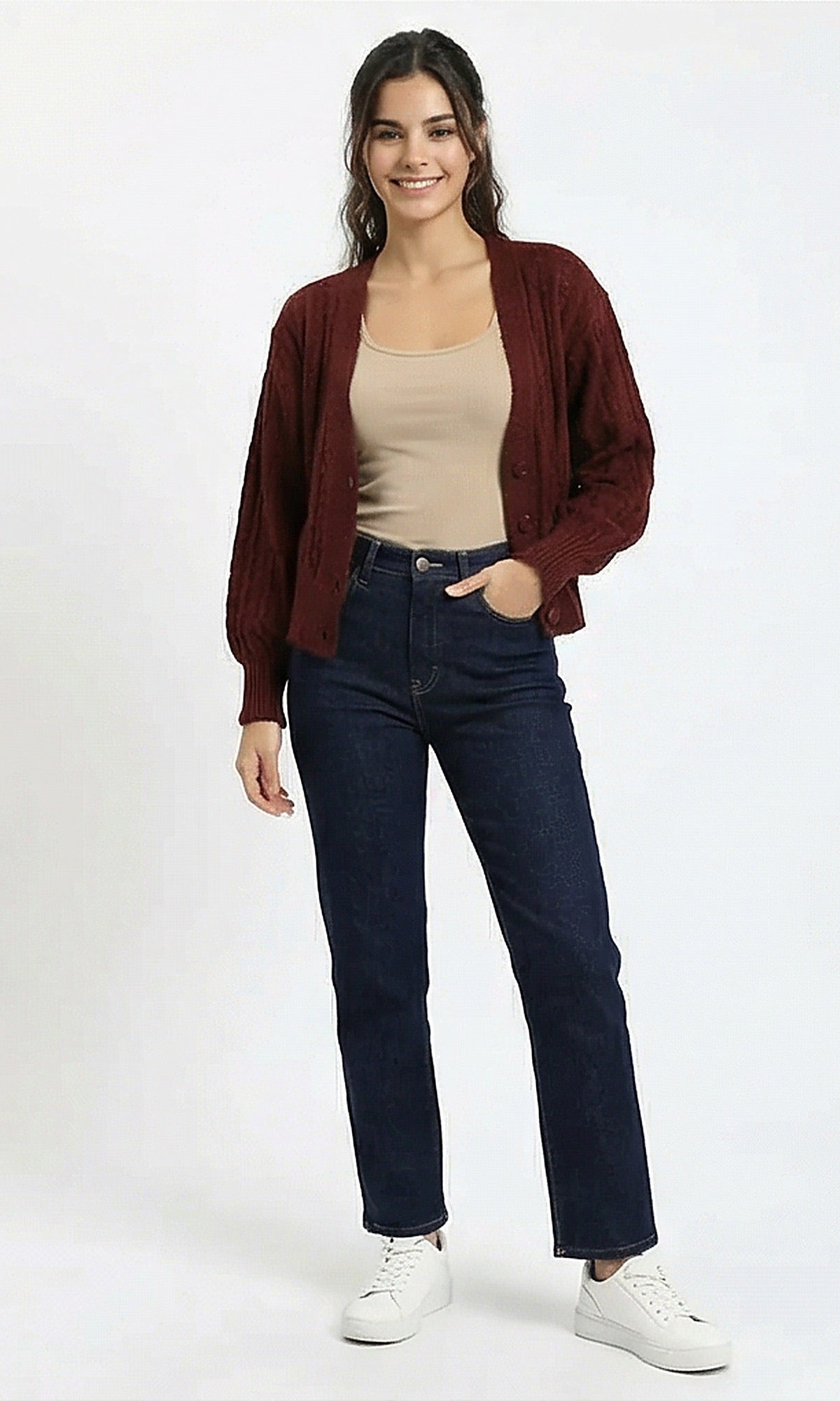 Burgundy Cable Knit Button-Down Cardigan