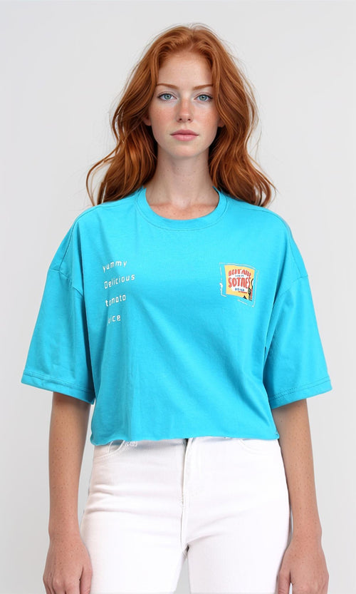 R214640 - Round Neck Printed Cotton Tee - Sky Blue