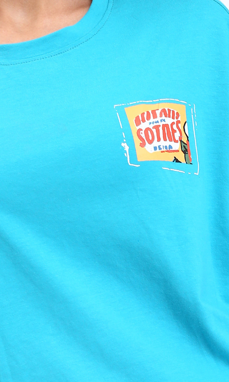 R214640 - Round Neck Printed Cotton Tee - Sky Blue