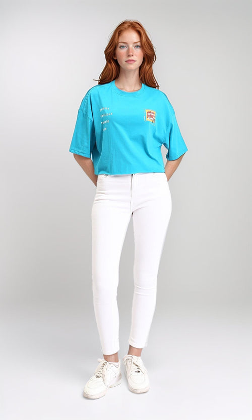 R214640 - Round Neck Printed Cotton Tee - Sky Blue