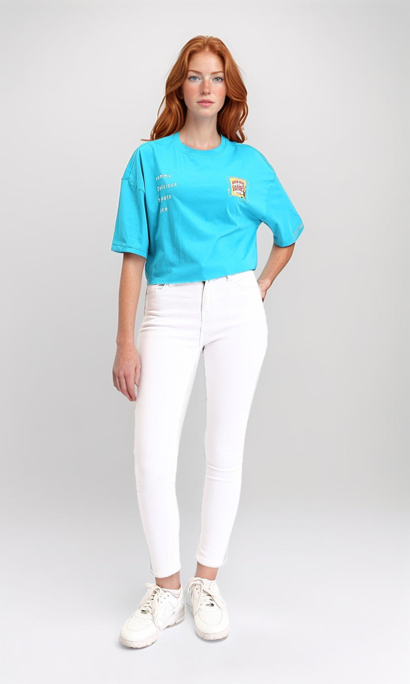 R214640 - Round Neck Printed Cotton Tee - Sky Blue