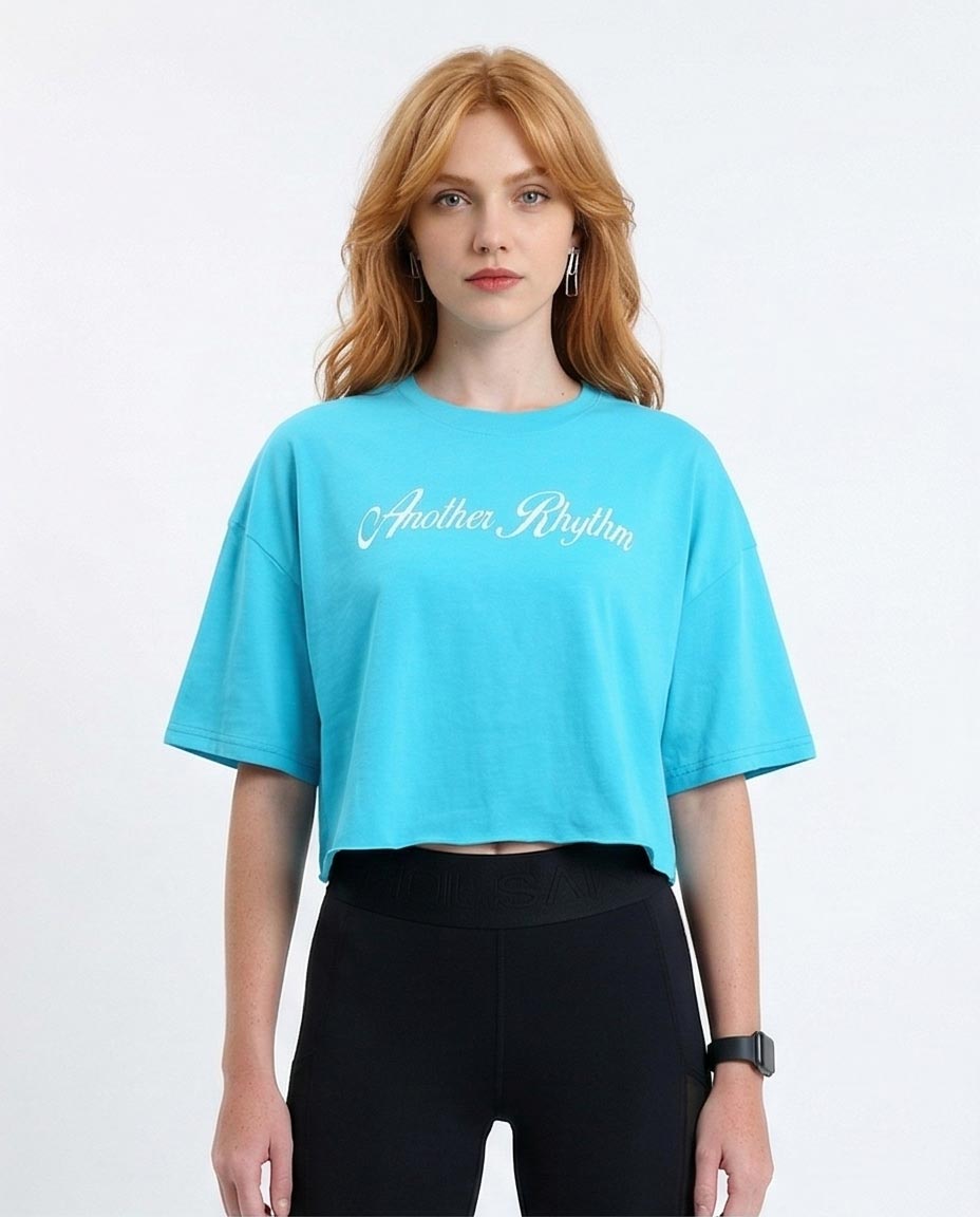 Women's "another Rhythm" Boxy Cyan Crop T-Shirt