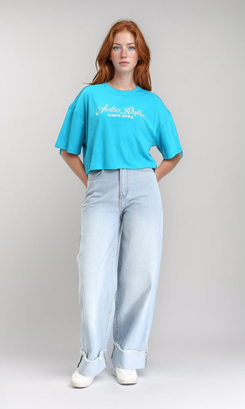 R214641 - Elbow Sleeves Printed Relaxed Tee - Sky Blue