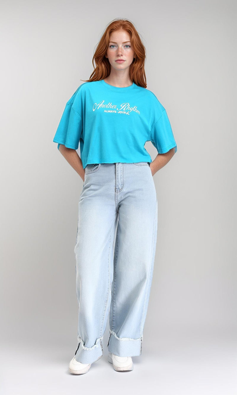 R214641 - Elbow Sleeves Printed Relaxed Tee - Sky Blue