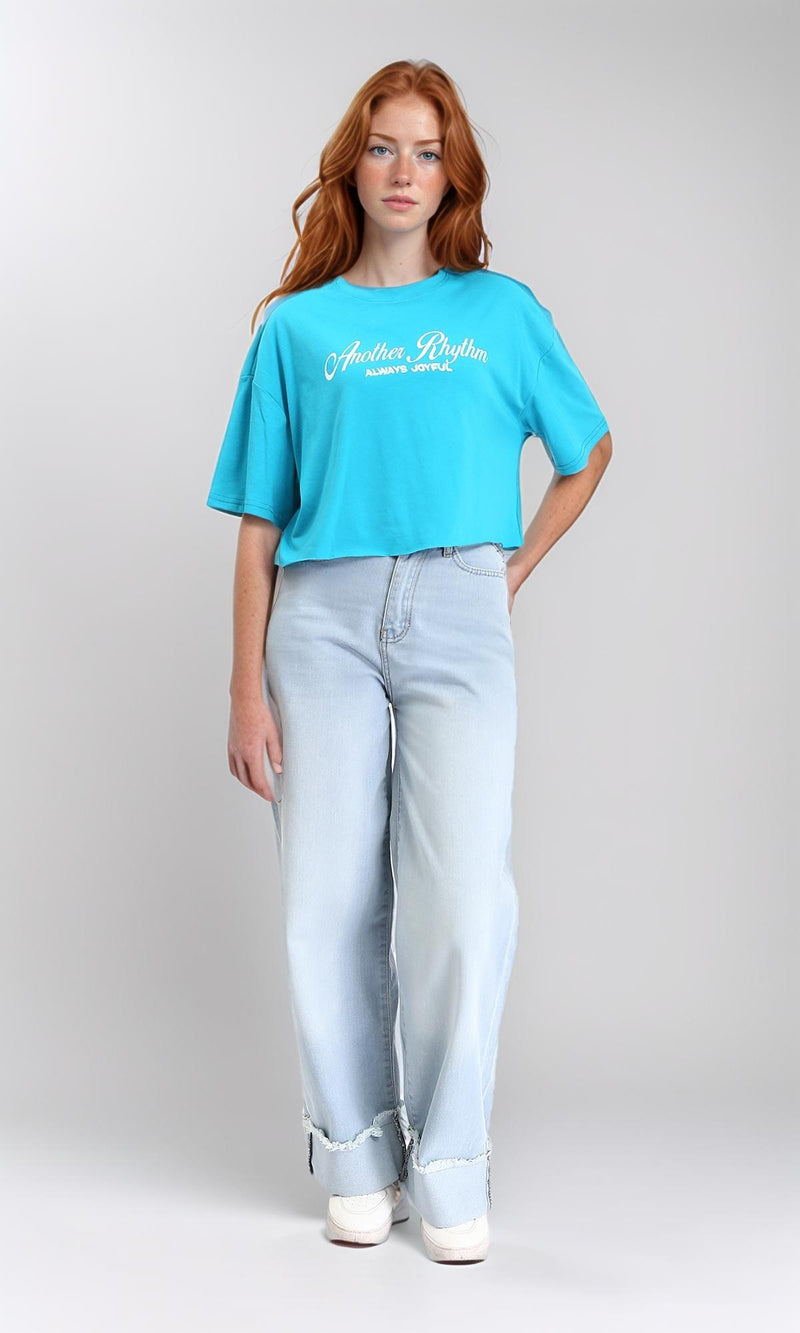 R214641 - Elbow Sleeves Printed Relaxed Tee - Sky Blue