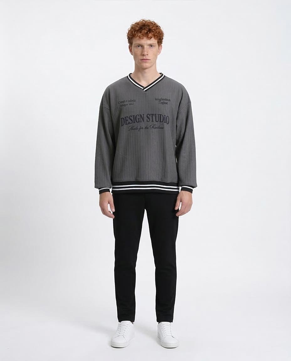 Embroidered "Design Studio" Slip On Sweatshirt - Dark Grey - R214676