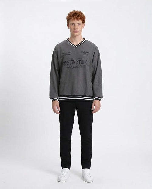 Embroidered "Design Studio" Slip On Sweatshirt - Dark Grey - R214676