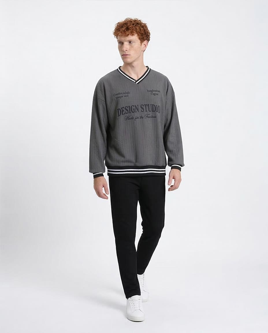 Embroidered "Design Studio" Slip On Sweatshirt - Dark Grey - R214676