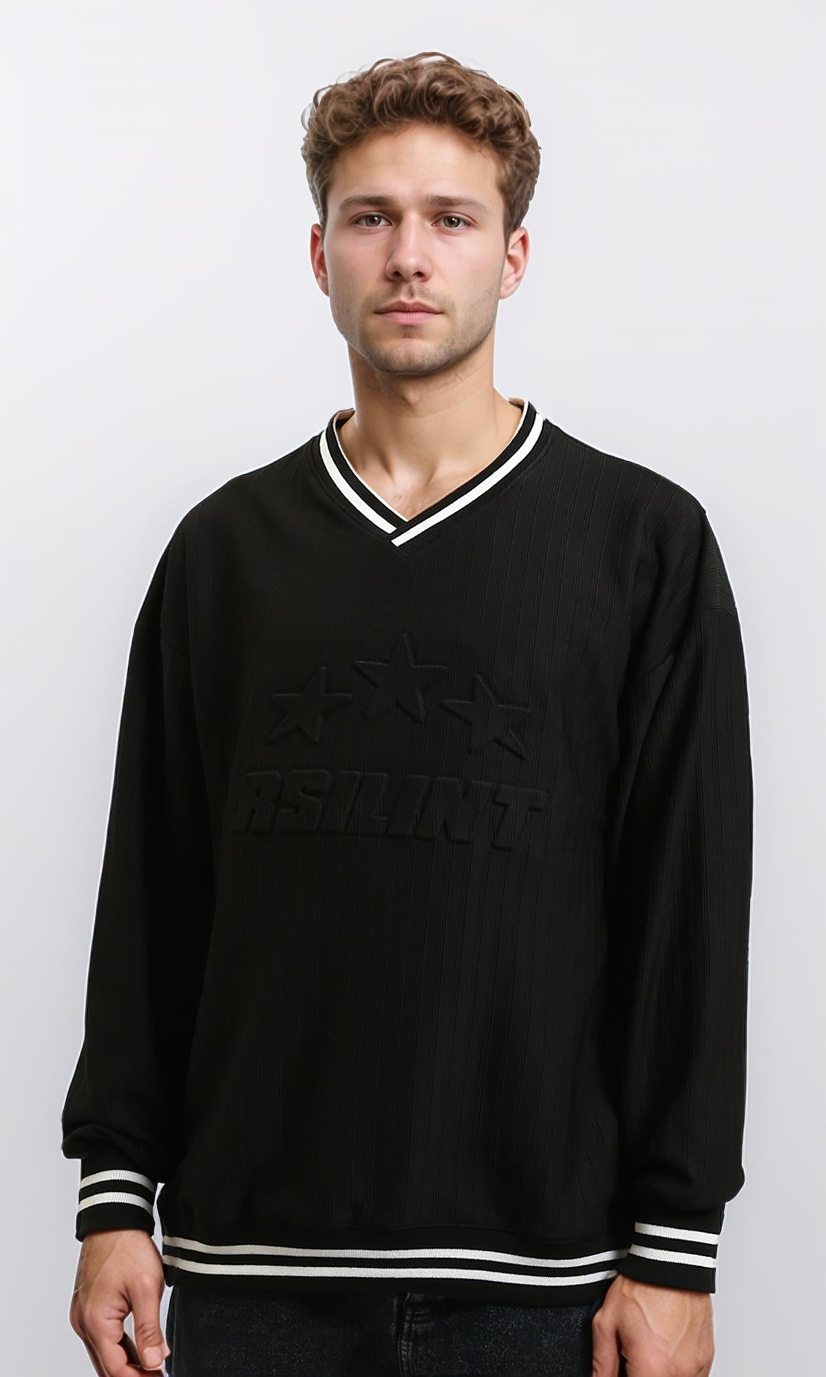 V-Neck Sweatshirt with Embossed Pattern - Black