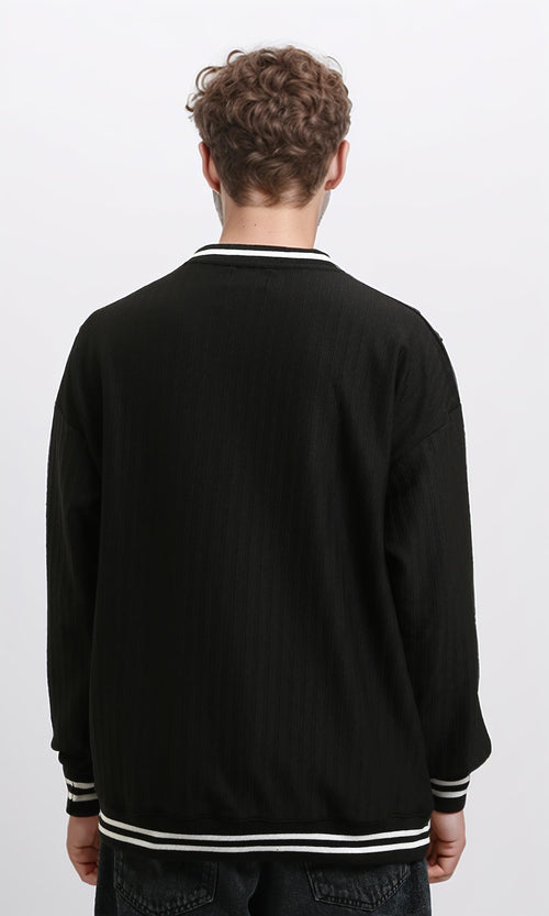 R214677 - V-Neck Sweatshirt with Embossed Pattern - Black