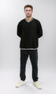 R214677 - V-Neck Sweatshirt with Embossed Pattern - Black